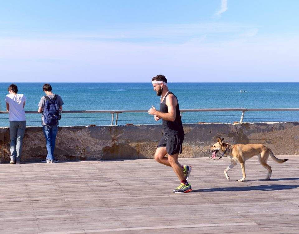 A guy running at the tayelet of tel aviv in israel with his dog and people are watching the view of the ocean in the background